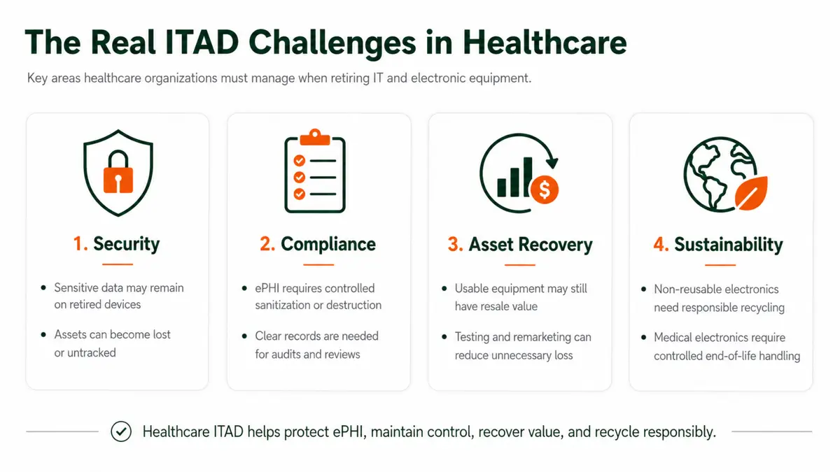 Healthcare ITAD challenges across security, compliance, asset recovery, and sustainability